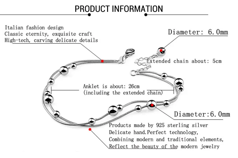 Модный ножной браслет для женщин, цепочка, 925 пробы, серебро, для женщин, простые ювелирные изделия для ног, лодыжки, браслет, двойной круглый, с бусинами, для девушек, ножные браслеты