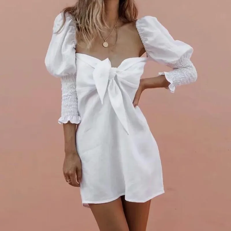 

Aprmhisy Elegant Casual White Short Dress Women 2019 Summer Holiday Beach Bow Tie Puff Sleeve Femme Dress Vestidos