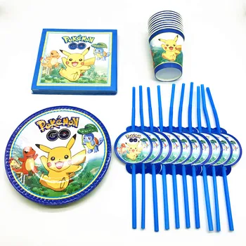

50Pcs/Lot Pokemon Go Theme Design Family Kids Birthday Party Cartoon Disposable Tableware paper Cup Plate Straw Napkin Supplies