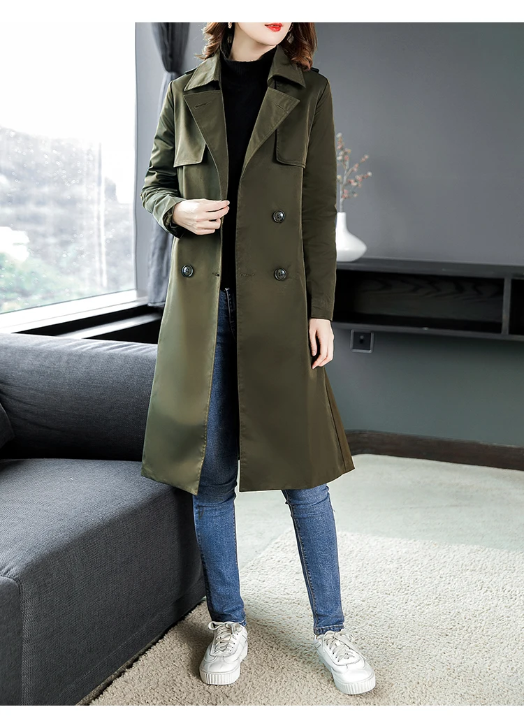 Ветровка средней длины Женская куртка 2019 Весна Новый темперамент Тонкий Мода натуральный длинный рукав пальто женская одежда