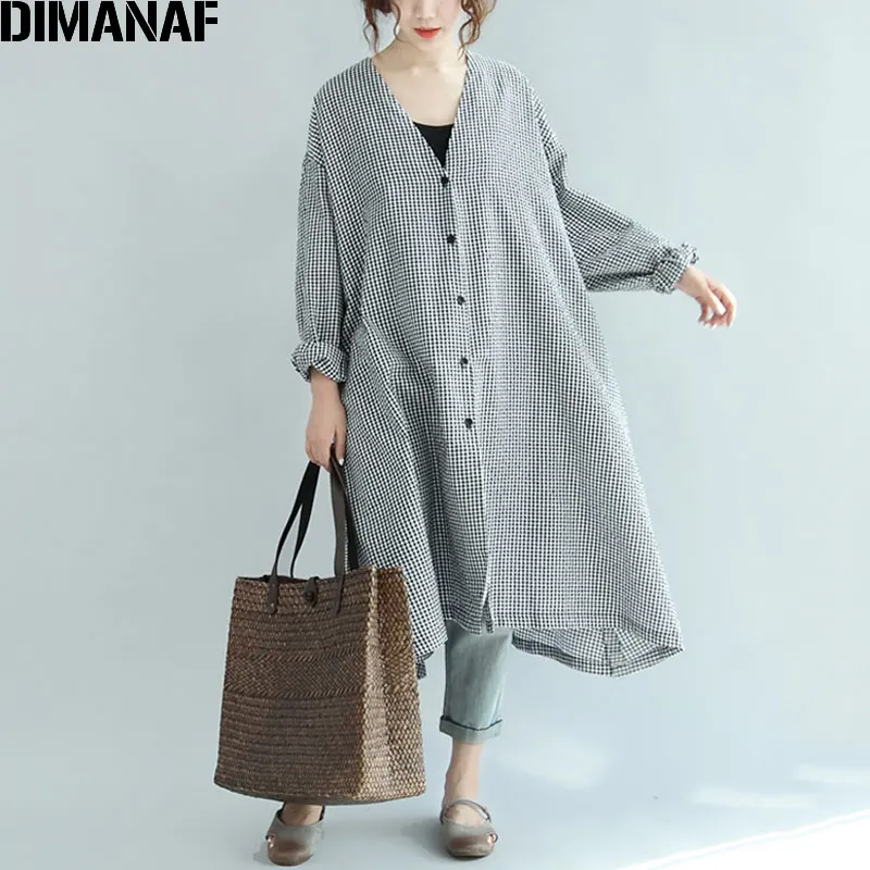 

DIMANAF Women Dress Autumn Plus Size Linen Sashes Femme Elegant V-Neck Batwing Black Plaid Print Loose Cardigan 2018 Long Dress