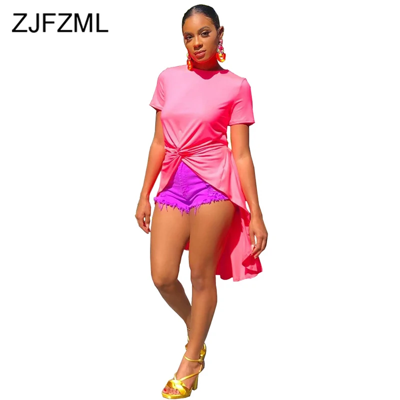 

Front Cross Summer Irregular T Shirts Women Round Neck Short Sleeve Club Party Tops Casual Pink Front Short Back Long T-Shirt
