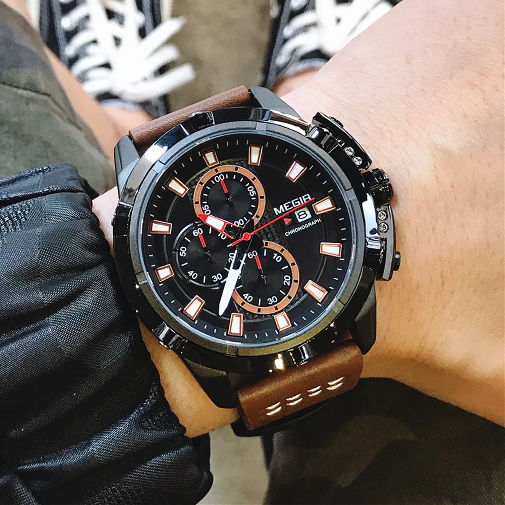 

MEGIR Men's Watches Quartz Chronograph Military Fashion Casual Leather Band Male Clock Multifunction Watches Relogio Masculino