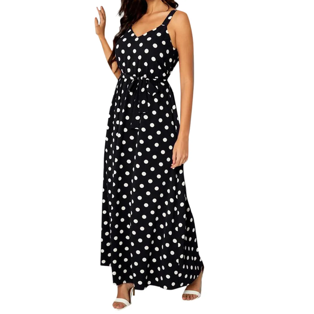 

2019 Polka Dot Print O-Neck Dress Casual Sling Strapless Dresses High Waist Fashion Women's long Dress#D10