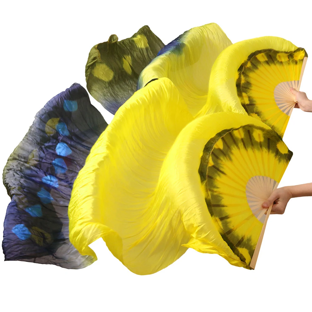 

High Quality 1 Pair Natural Silk Stage Performance Props Handmade Bamboo Ribs Dance Silk Long Fans Yellow+Black Color 5 sizes