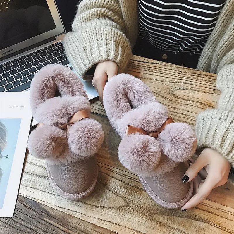 

2019 Super Warm Fur Lining Winter Boots Women Cute PomPons Snow Boots Butterfly Platform Ankle Boots for Women Winter Shoes