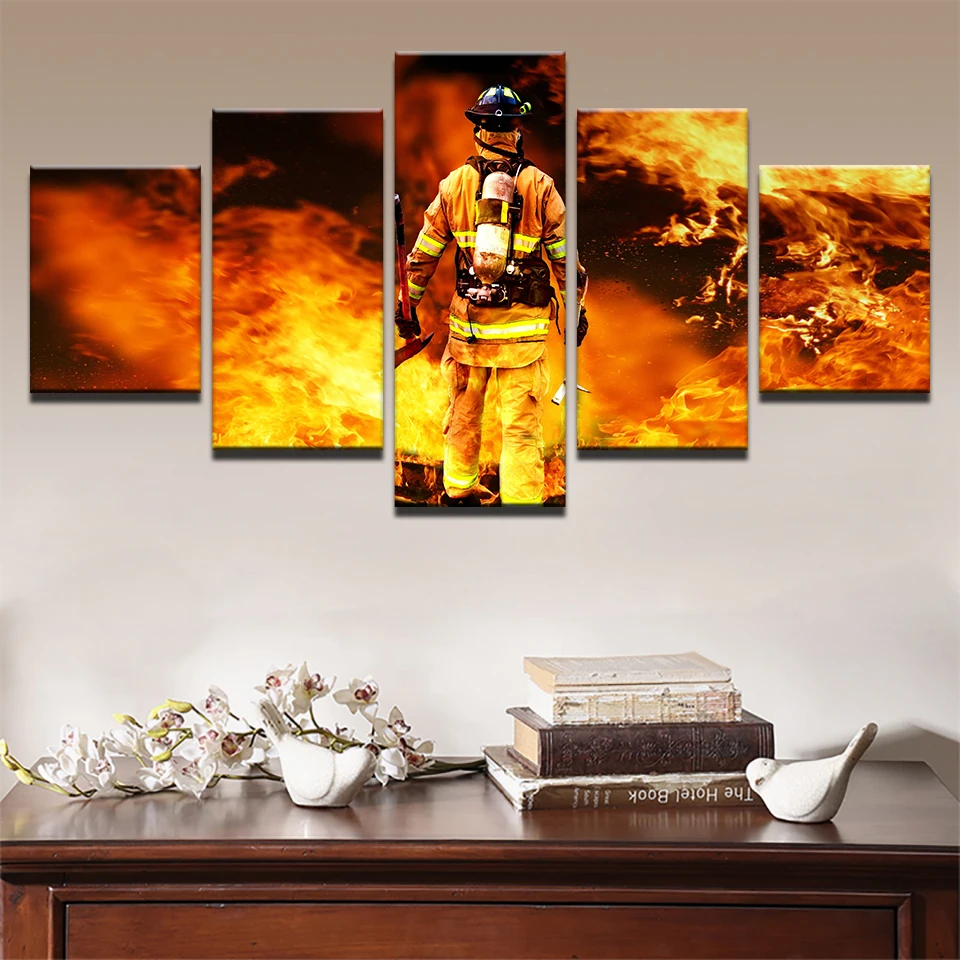 

Modular Canvas Poster Framework Wall Art HD Prints Fireman Pictures 5 Pieces Fire Fighter Warrior Landscape Paintings Home Decor