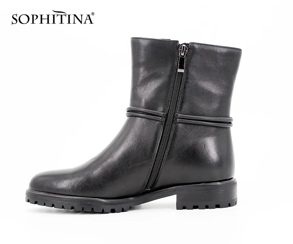 SOPHITINA/ Фирменные ботильоны ручной работы для женщин; Зимние обуви из высококачественной натуральной кожи черного цвета; Женские обуви с теплым ворстном; Твердый зрелый круглый носок; B22