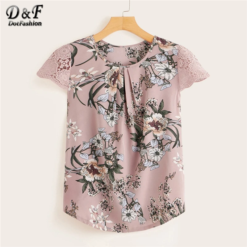 Dotfashion, контрастная кружевная Цветочная блузка с манжетами для женщин, с рукавом-крылышком, Boho, Женские топы и блузки,, плиссированные детали, летняя блузка