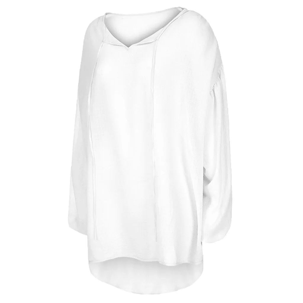 Женская рубашка осень свободного размера плюс однотонный топ, блузка с длинным рукавом и v-образным вырезом пуловер Топы Рубашки Одежда L713 - Цвет: WH