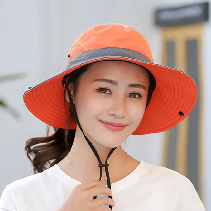 Outdoor Hiking Wide Brim Bucket Hat Women Quick Drying Breathable Packable Sunshade UV-proof Ponytail Cap With Chain Strap