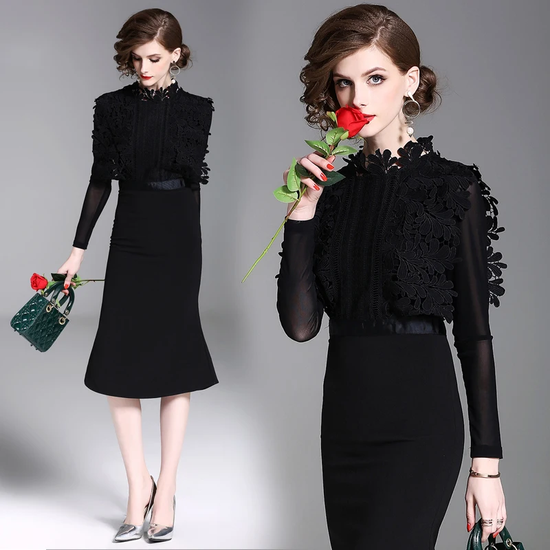Youthreadyv 2018 Summer Dress Women Long Sleeve Black Solid Lace Midi Long Party Dress Elegant Casual Vintage Dresses Robe Femme Dresses