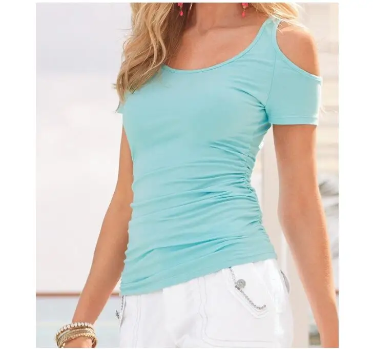 

Solide Color Women T Shirt 7 Colors Fashion Casual Slim Short Sleeve Off The Shoulder T-Shirts Summer