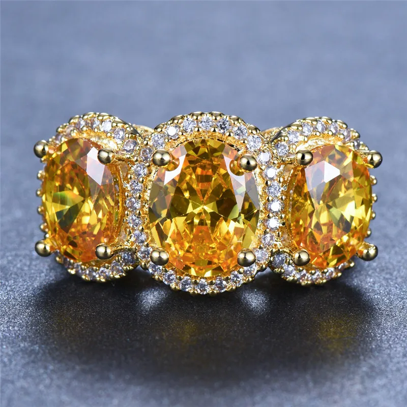 

Luxury Women Big Yellow Gold Ring Vintage Wedding Bands Large Yellow Purple Stone Ring Promise Love Engagement Ring