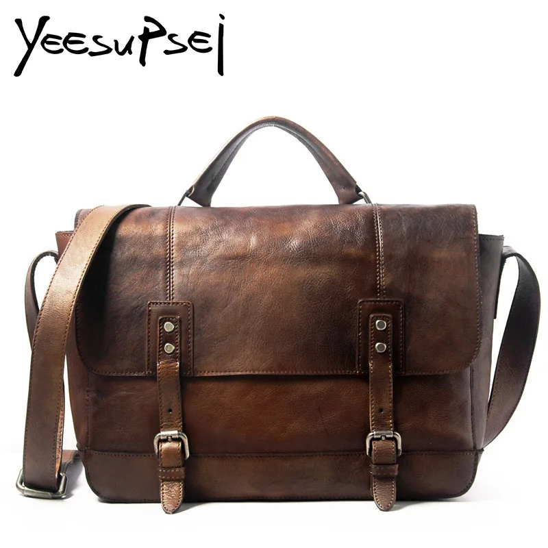 YeeSupSei Men Genuine Leather Briefcase Big Cover Double Buckle Laptop Tote Shoulder Bag Business Bag Double Layer Messenger Bag double handle iridescence tote bag