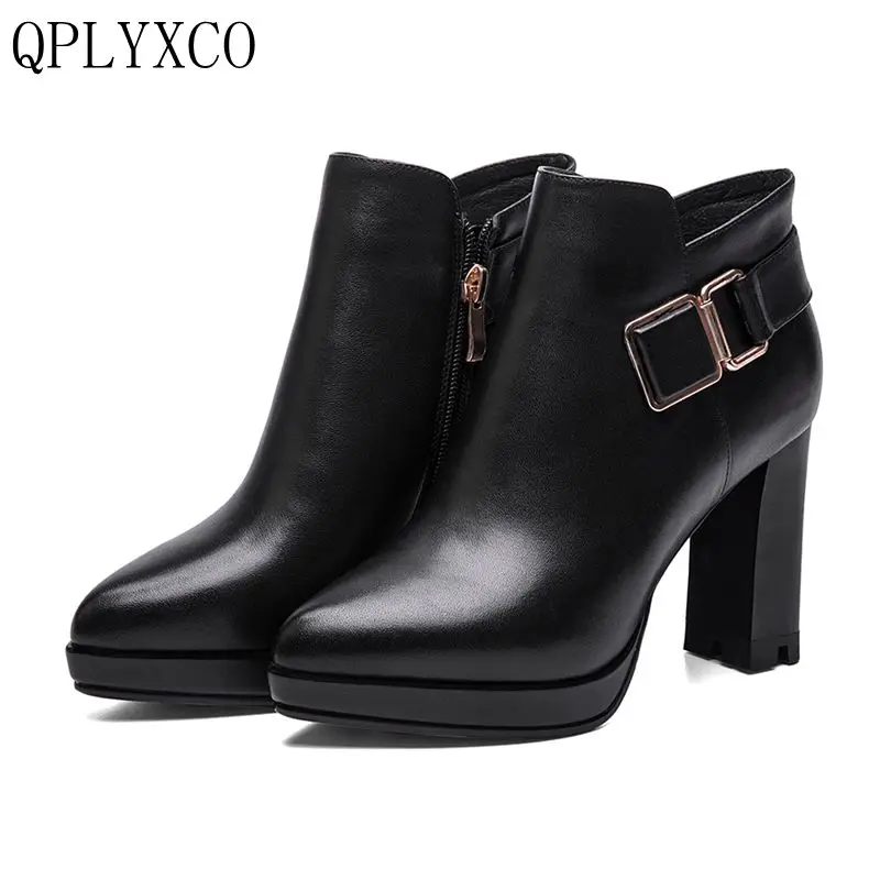 

QPLYXCO 2017 Spring Autumn Boots Genuine Leather shoes size 34-39 Women short Boots Pointed toes High Heel High-quality T22-1