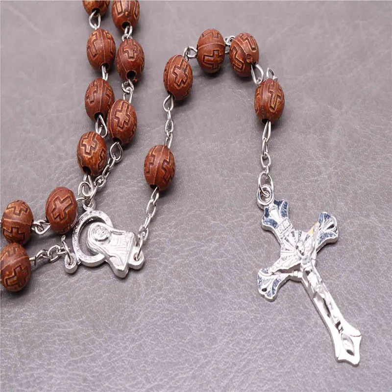 

Catholic Round Antique Wood Medal Rosary Necklace Cross Pendant Female Jesus Beads Maria Jewelry Gift.8mm