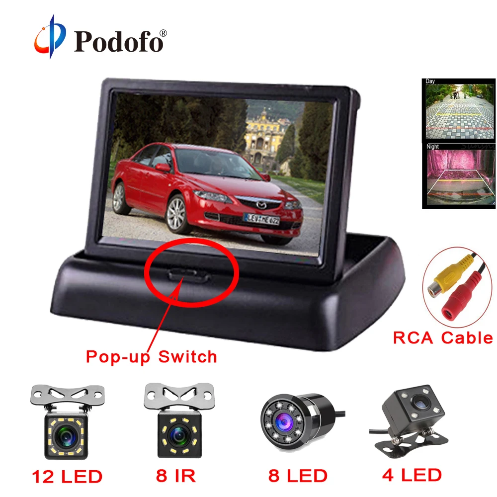 

Podofo 2 in 1 Parking Assist 4.3 inch Folding Car Monitor Video Player with Night Vision Waterproof Rear View Backup Camera