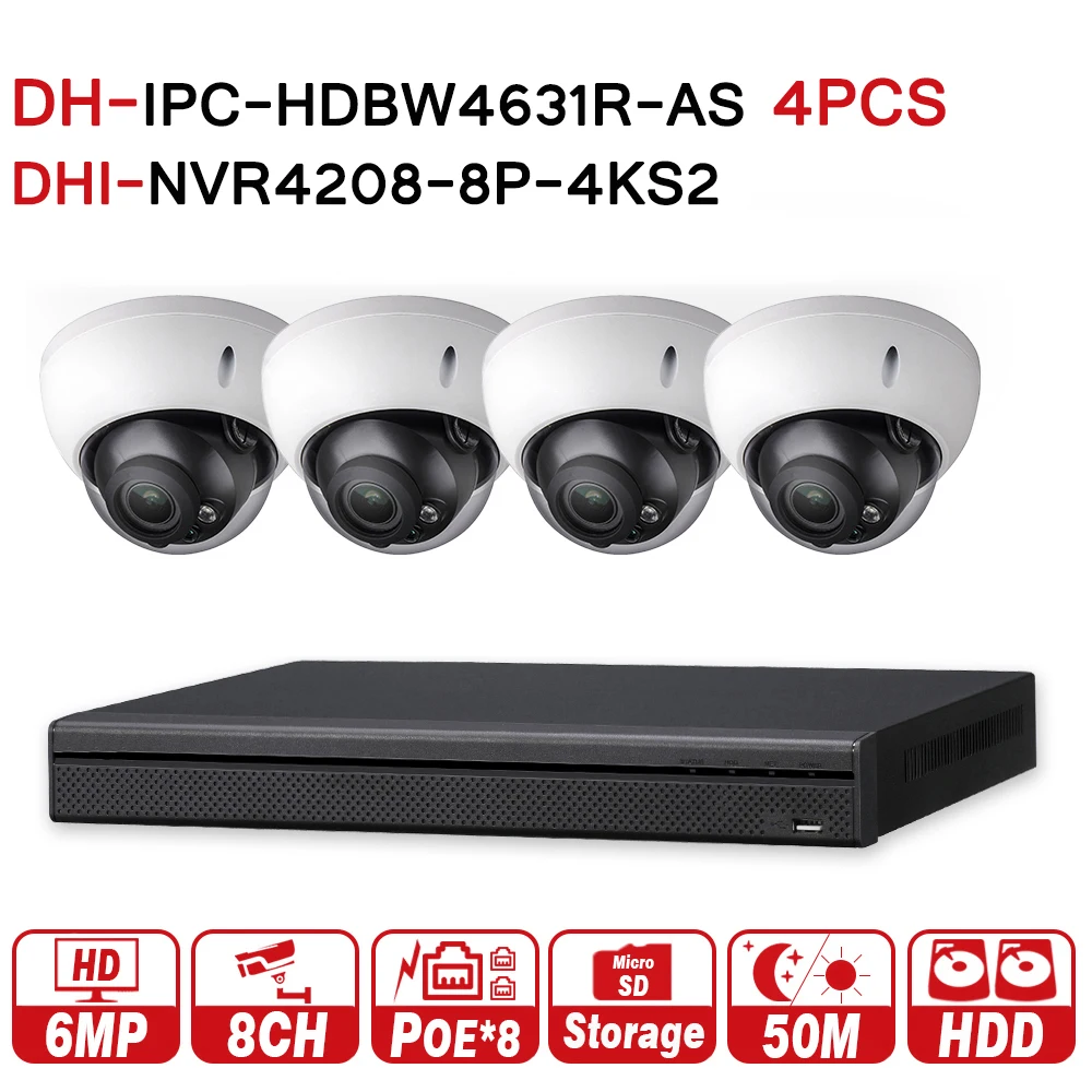 

DH Security CCTV System 4Pcs 6MP IP Camera IPC-HDBW4631R-AS & 8POE 4K NVR NVR4208-8P-4KS2 Surveillance Security CCTV System
