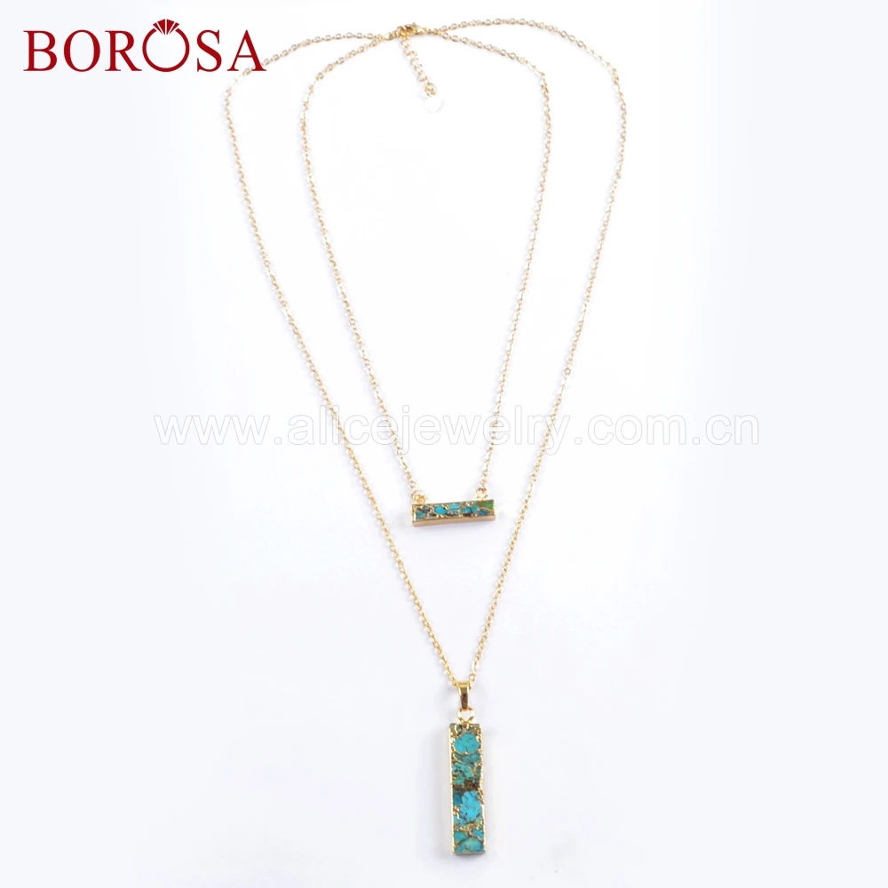 

BOROSA 3/5PCS Natural Turquoises Layer Chain Necklace, 16"&24"chains Double Rectangle Natural Blue Stone Pendant Necklace G1672