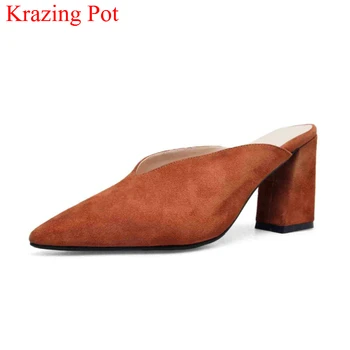 

2018 New Arrival High Street Fashion Sheep Suede Slingback Slip on Pointed Toe High Heels Brand Concise Mules Elegant Pumps L6f1