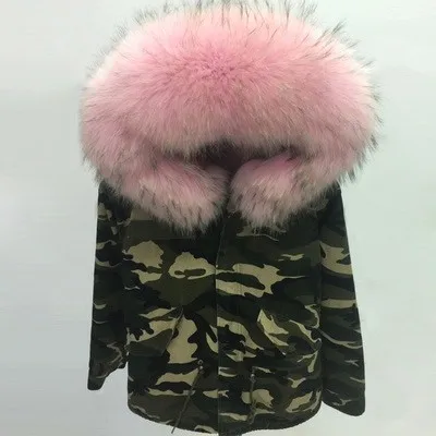 Женские парки, зима, армейское зеленое пальто, настоящий большой воротник из меха енота, утолщенная куртка с хлопковой подкладкой, верхняя одежда, Женский Бренд - Цвет: Camouflage pink
