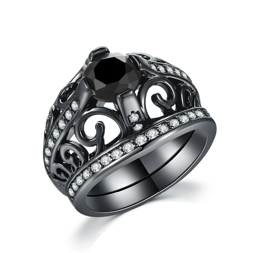 Double Fair Punk Style Couple Rings For Men / Women Black Gold Color Ring Set Black Nano Stone Women's Jewelry DFYG054