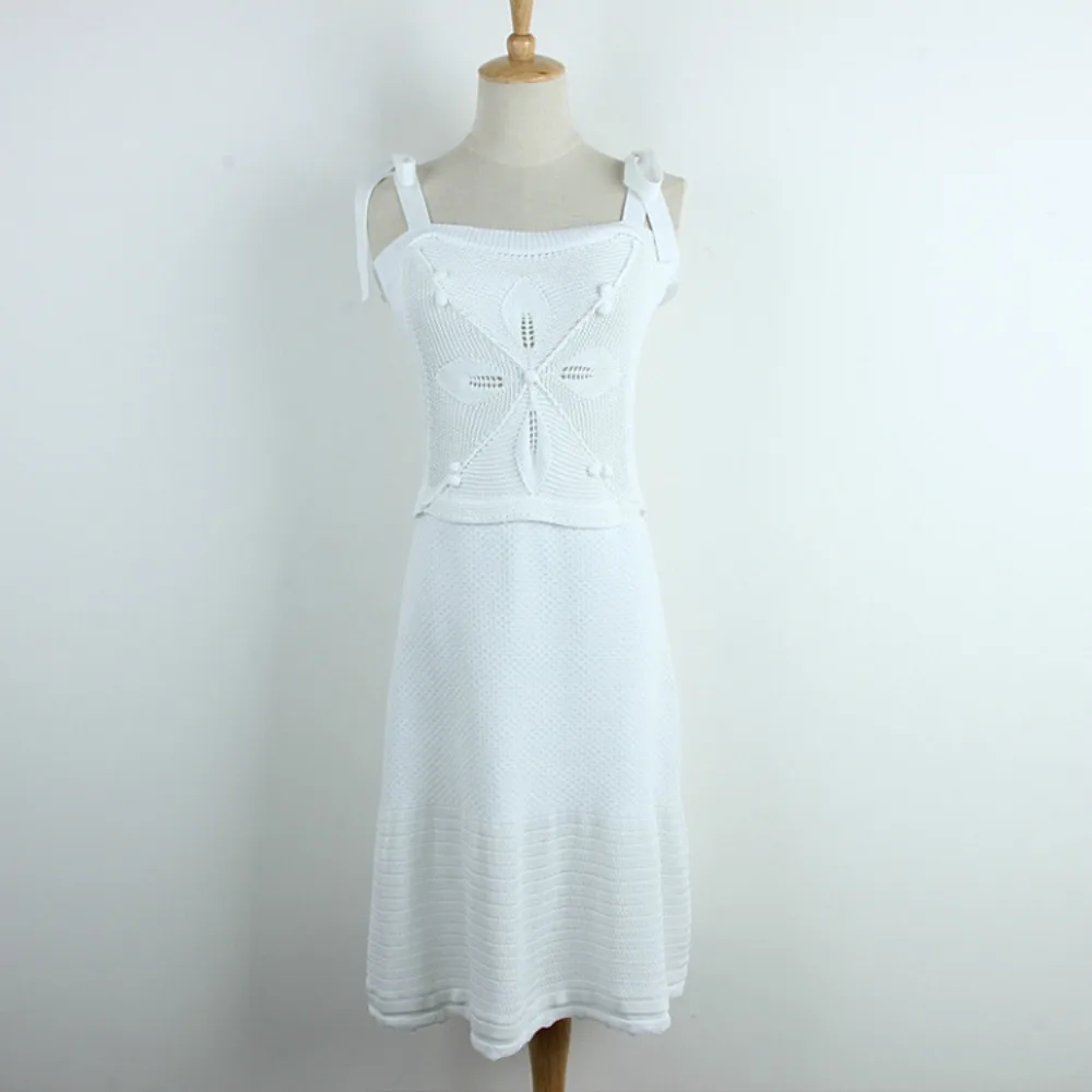 

Runway Women Knitted Slim Dress Mid Long Solid White Sexy Strap 2018 Summer Female Hollow Out Designer Dresses High Quality New