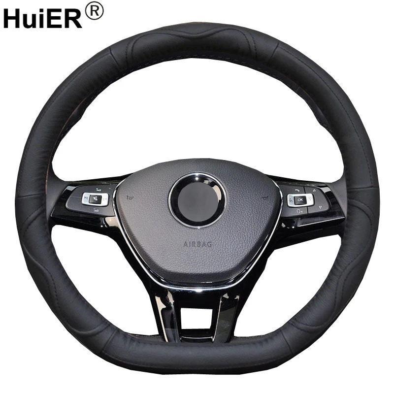 HuiER Car Steering Wheel Cover D Shape Cow Leather For Volkswagen VW