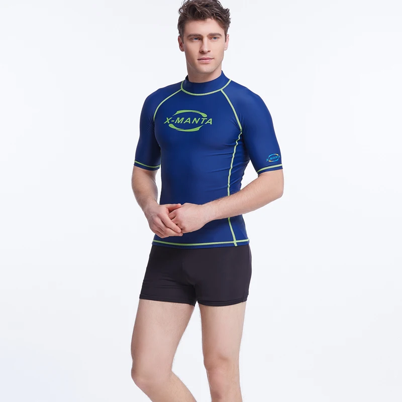 2016 Summer Short Sleeve Rash Guard Swimwear Men Blue Letter Rashguard