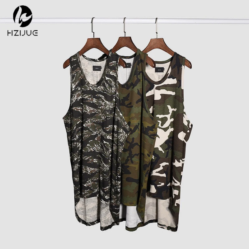 

HZIJUE streetwear hip hop men's exercise clothes sleeveless camo shirts mens clubwear gay singlets long tank top camouflage