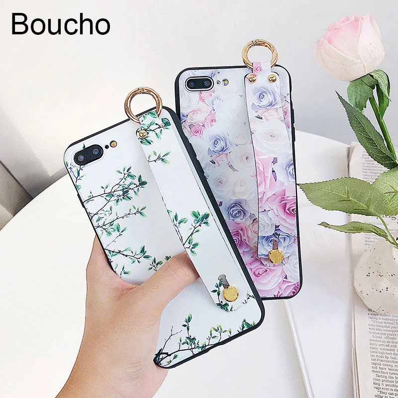 Boucho Soft Silicone Phone Case For iPhone 7 8 6 6S Plus Plant Leaf Flower Cases X TPU Cover With wristband Fundas |