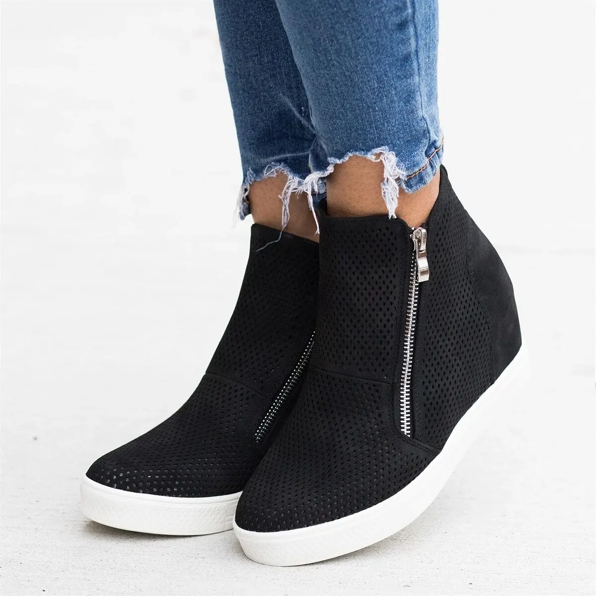 LOOZYKIT PU Leather Woman Casual Shoes Within The Higher Pure Fashion Side Zipper Sneakers Anti Skid Outsole Ladies Shoes