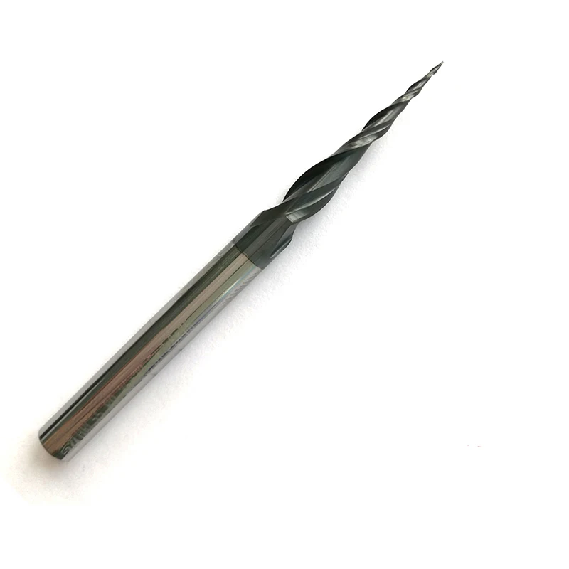 

Tip radius=0.25mm hrc55 R0.25*D6*30.5*75L*2F Tungsten carbide Coated Tapered Ball Nose End Mills taper and cone endmills