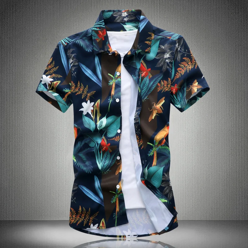 

Print Both sides Hight Quality 2019 M-5XL Plus Size Summer Mens Short Sleeve Shirt Flower Print Floral Male Blouse
