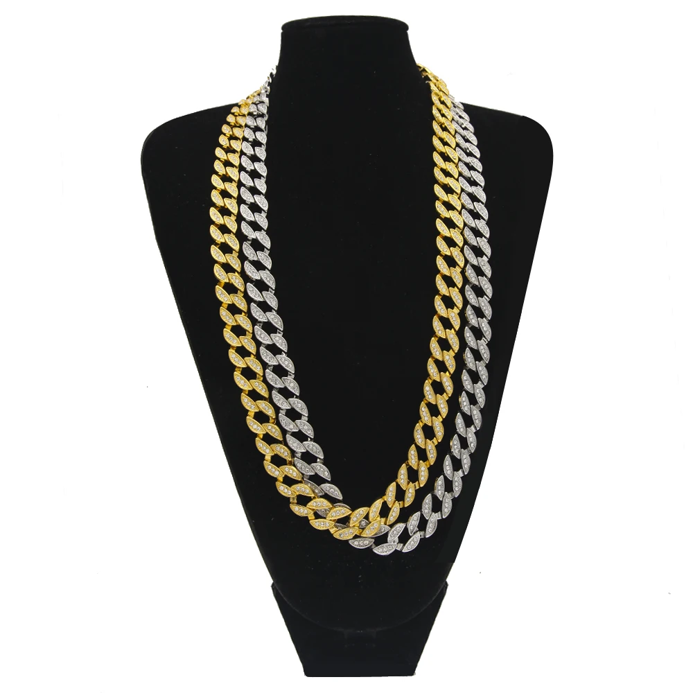 Хип-хоп Bling Iced out горный хрусталь кубинская цепь 15 мм* 30 дюймов кубинская звено цепи ожерелье ювелирное золотое покрытие раппер в Майами кубинская