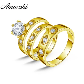 

AINUOSHI Real Gold TRIO Rings 3 Stone Ring Sets Male Band Engagement Wedding Bridal Set Jewelry 14K Yellow Gold Couple Rings Set