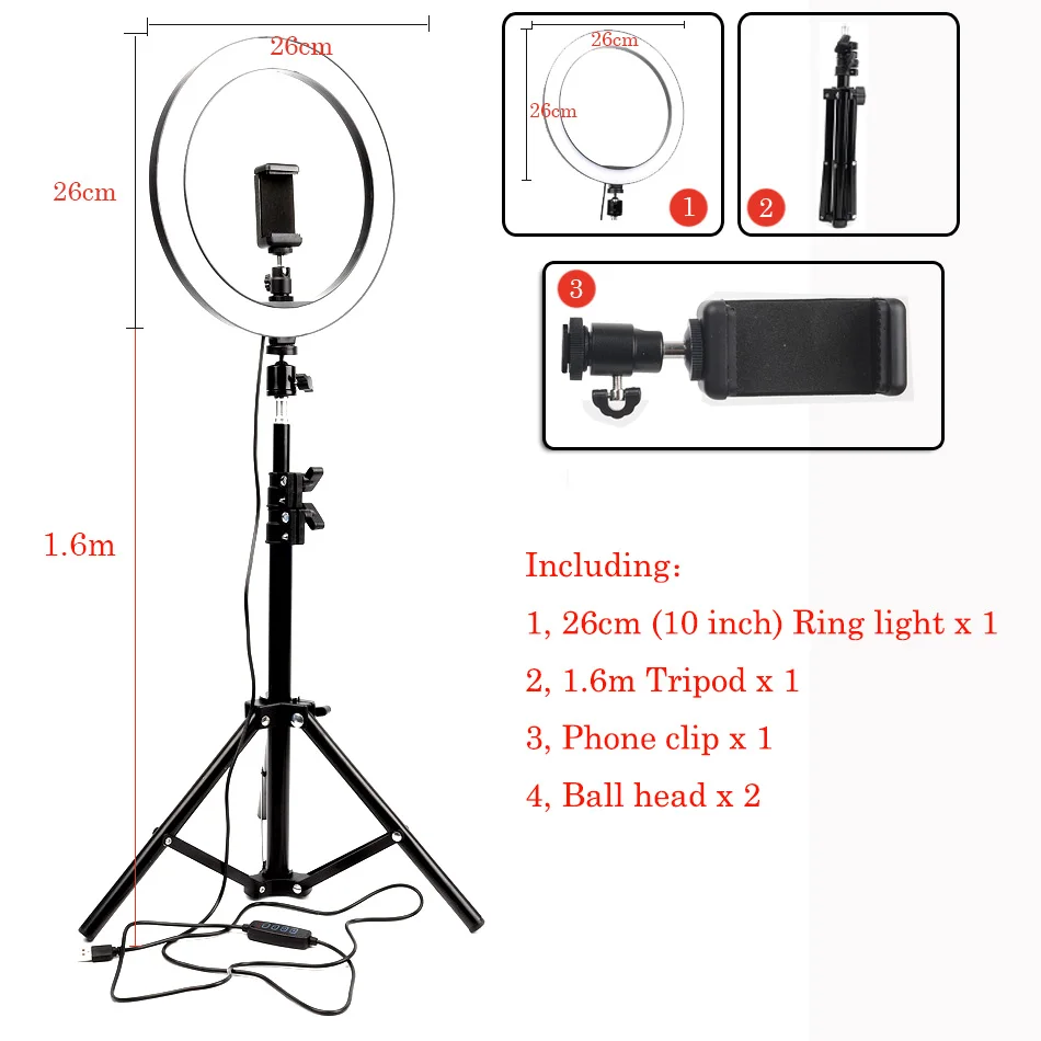 Светодиодный кольцевой светильник с регулируемой яркостью 26 см для студийной съемки/видеосъемки селфи с штативами для компьютерной камеры смартфона - Цвет: Красный