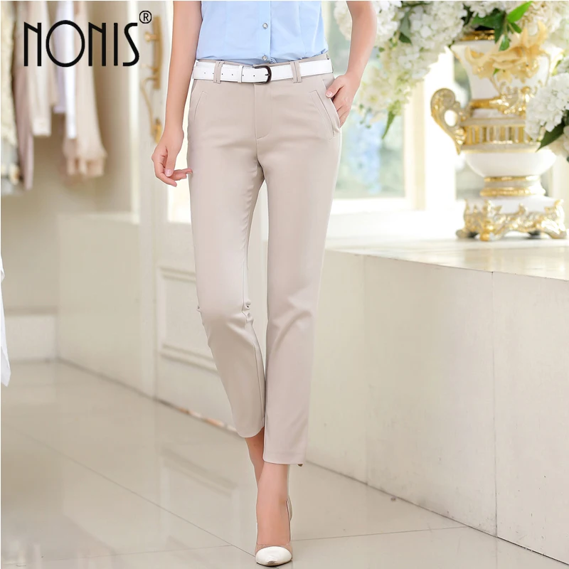 

Xisteps New 2020 Autumn Mid waist Ankle Length Casual pants Five color Female Work wear OL Pocket Elastic trousers capris