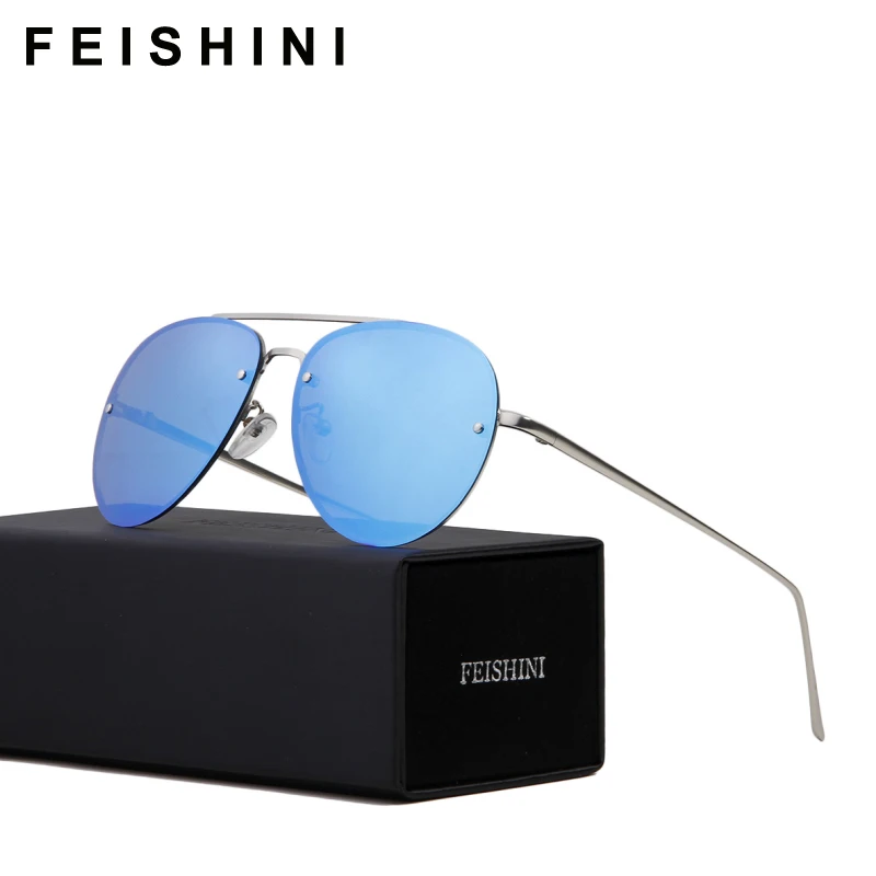 

FEISHINI 22G Super Light Celebrity Metal Rimless Aviation Sunglasses Polarized Unisex Pink Fashion Driving Men Glasses Woman