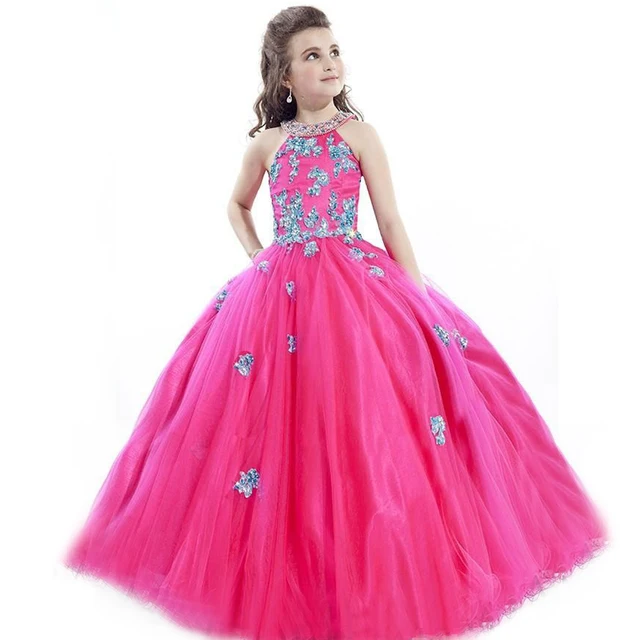 Cheap Gorgeous Princess Ball Gowns Fire Pink Sleeveless Beading Crystal Appliques Halter Kids Evening Vestidos de Primera Communion
