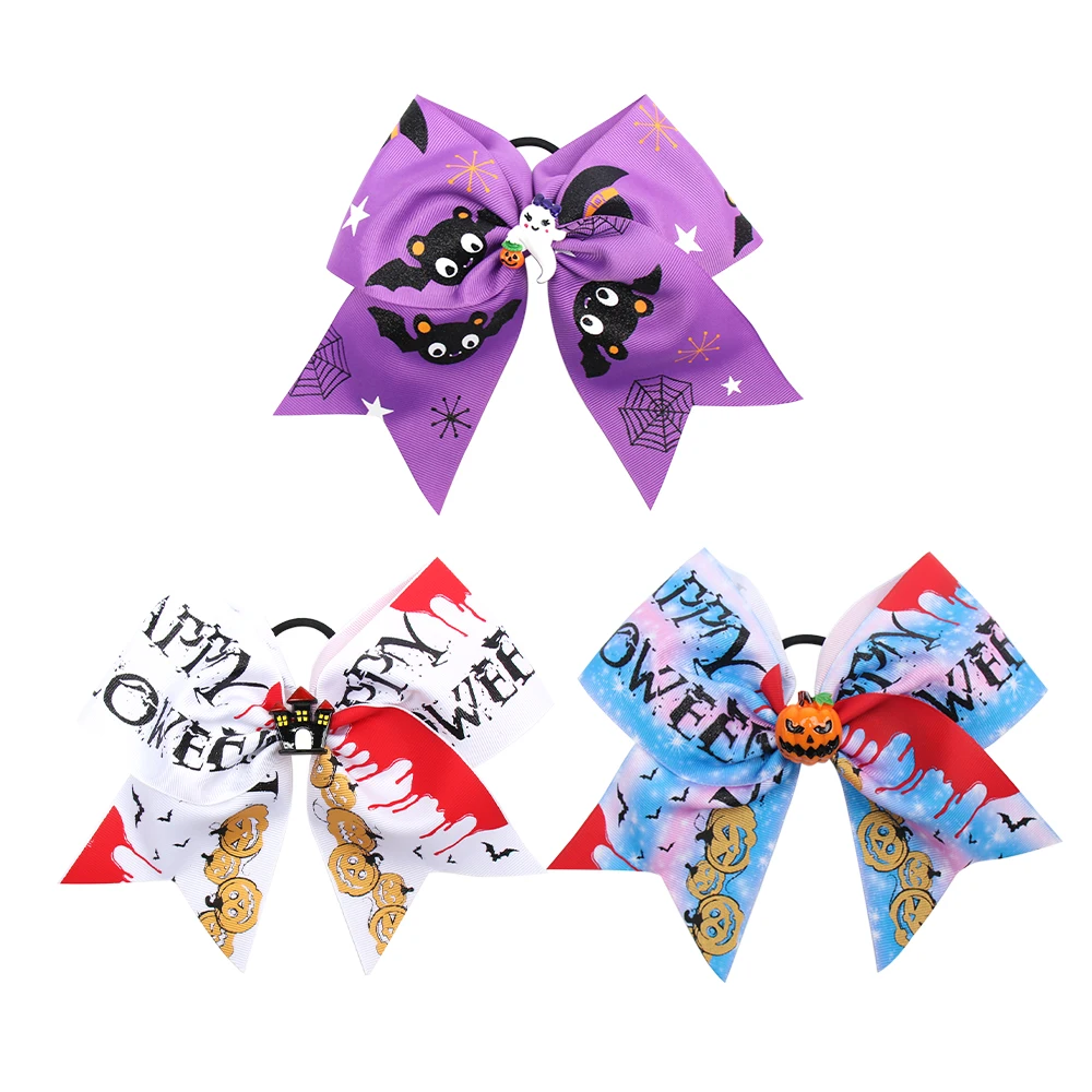 7 Inch Cheer Bows Halloween Hairbows Elastic Hair Bands Girls Ponytail Holder Printed Bowknot Ribbon Hair Accessories