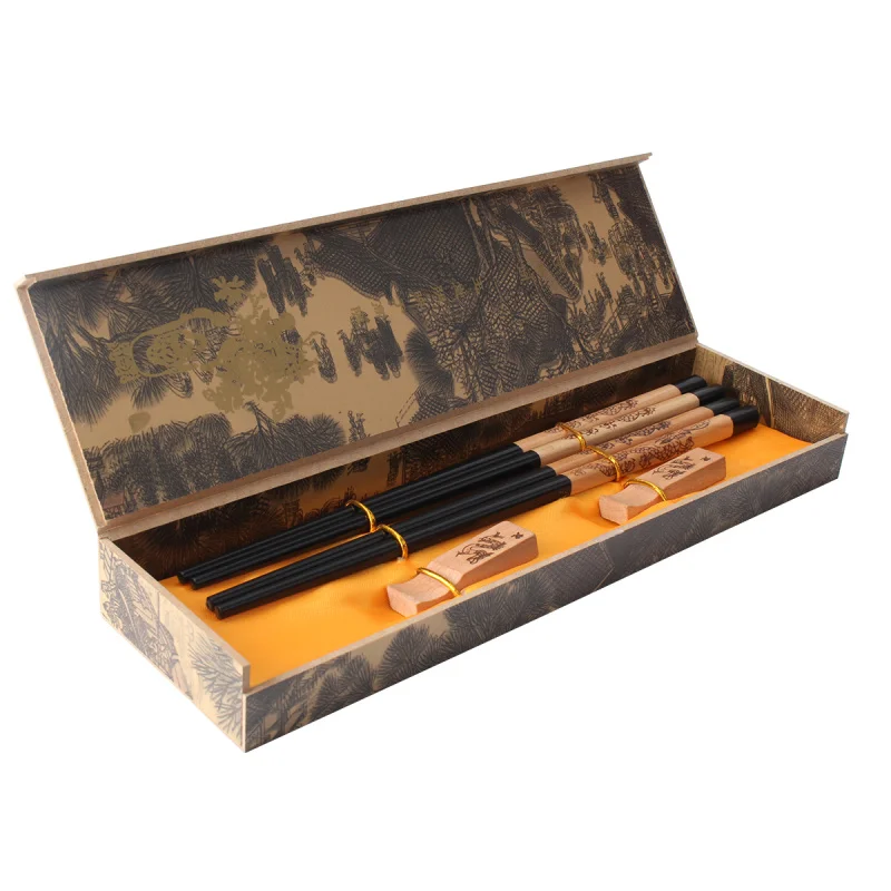 

2 Pairs Chinese Style Dining Tableware Tools Wrapped Line Wood Wooden Chopsticks + Holder +Box Set Home Kitchen Utensils