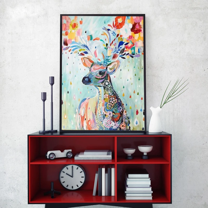 

Nordic Decorative Painting on the Wall Art Canvas Painting Abstract Watercolor Flowers Deer Pictures for Living Room No Frame