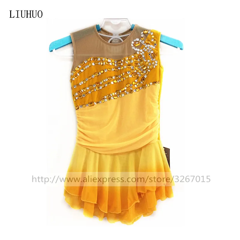 

Figure Skating Dress Women's Girls' Ice Skating Dress Velvet elastic mesh fabric Yellow gradual change Ornamental diamond