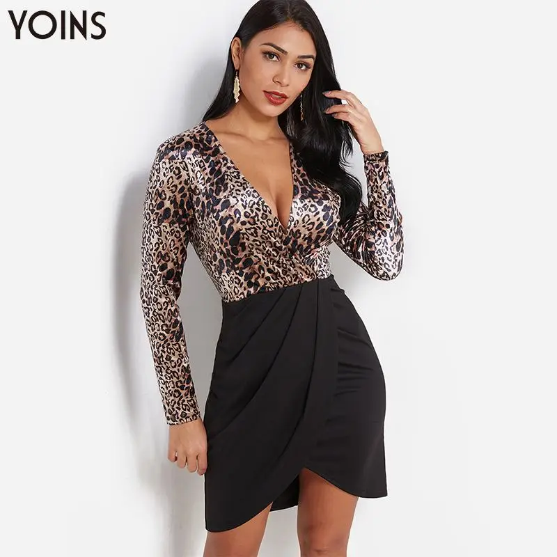 

YOINS 2019 Autumn Winter Women Sexy Leopard Party Dress Pleated Vintage V-neck Long Sleeve Mini Dress Crossed Front Club Vestido