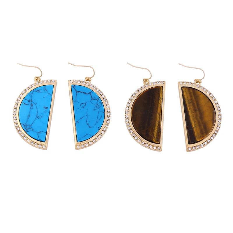 

2 Colors Geometric Big Earrings Brown&Blue Natural Stone Semicircle Shape Drop Earrings Fashion Jewelry Brincos Accessory In Box