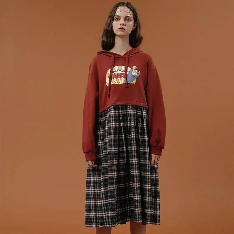 

Spring and Autumn new listing Splice Plaid hoodie printing Long sleeves dress
