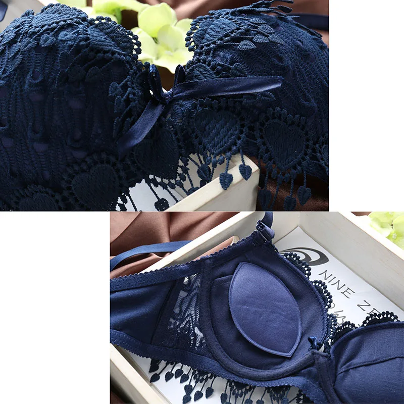 sexy lace tassle lingerie bra set - blue 2