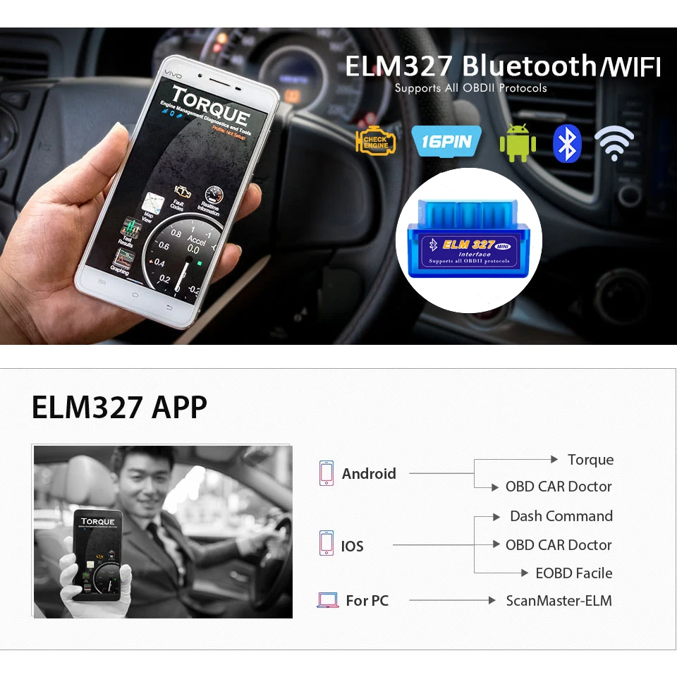 Автосканер ELM327 V1.5 Инструмент для диагностики автомобиля Bluetooth/Wifi протокол OBDII